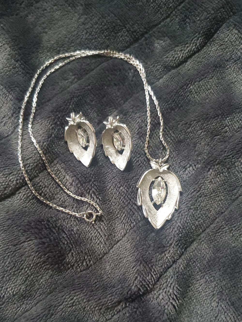 Vintage 1963 Sarah Coventry "Crystal Navette" Silver Leaf Necklace & Earring Set
